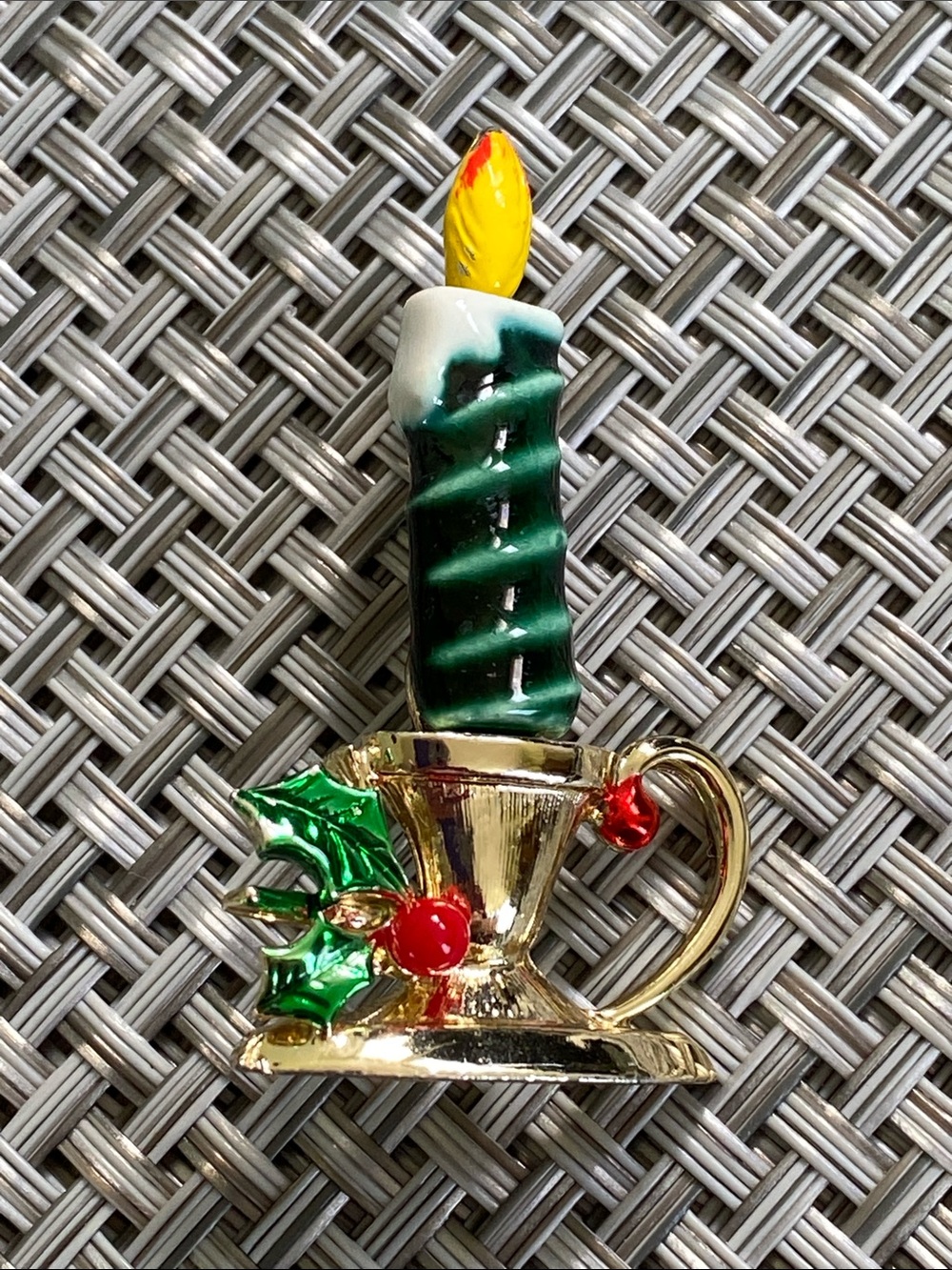 Vintage Beatrix Signed Candle Christmas Brooch Pin with Holly & Gold Tone Holder
